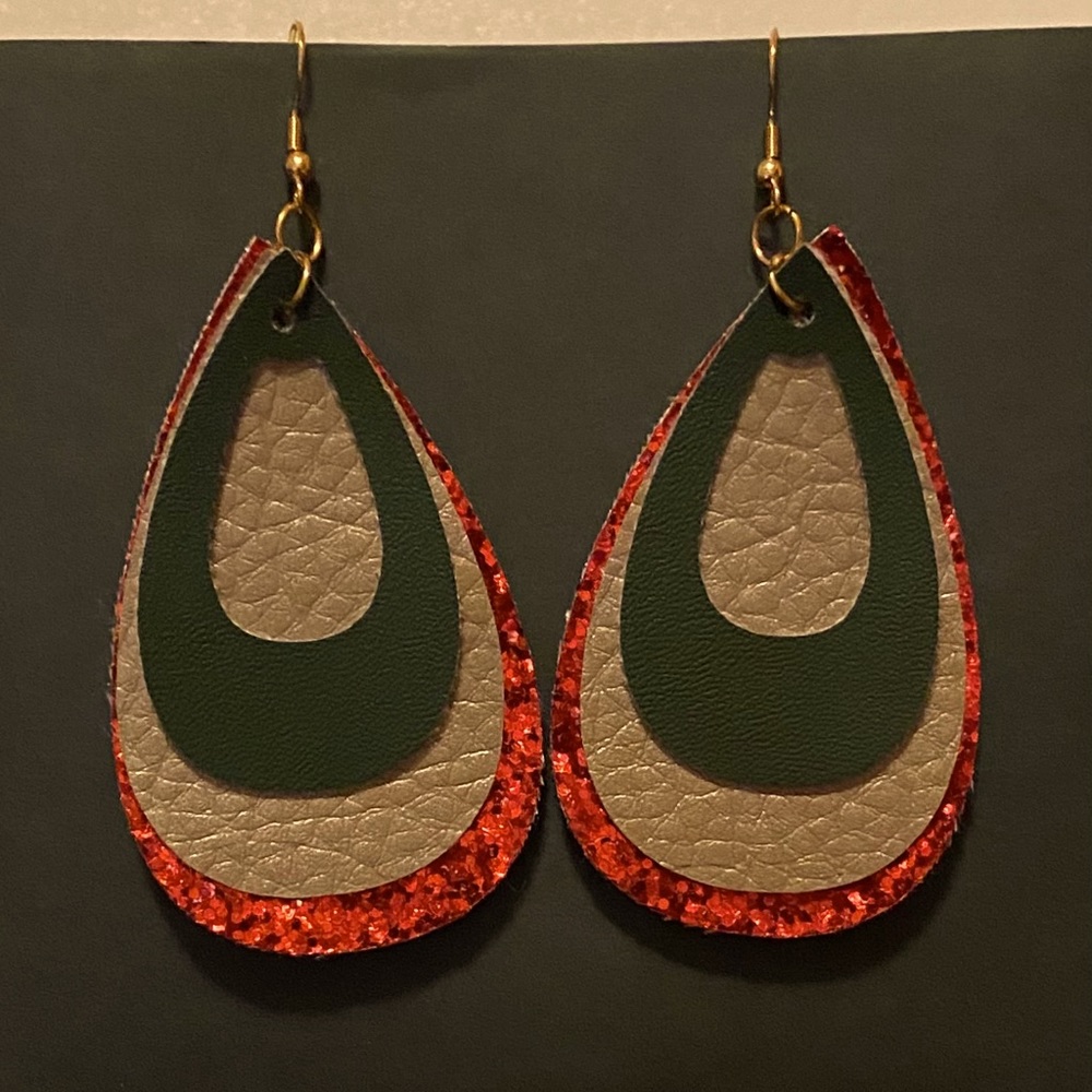 Handmade Faux Leather Earrings- Red, Green, & Gold